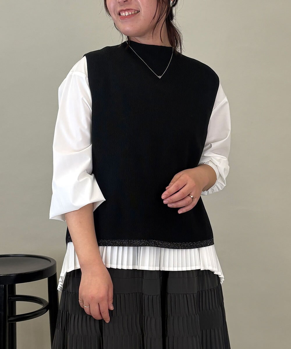 ZMFEE05150 al'aise modulation(アレーズモジュレーション) 【セットアイテム/洗える】ストライププリーツブラウス×ニットベスト ブラック
