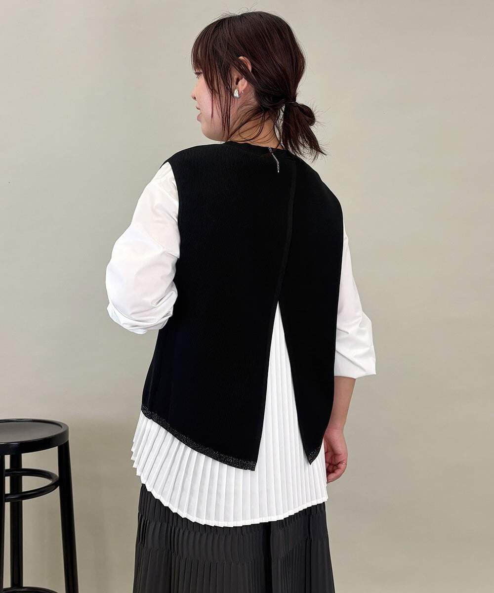 ZMFEE05150 al'aise modulation(アレーズモジュレーション) 【セットアイテム/洗える】ストライププリーツブラウス×ニットベスト ブラック