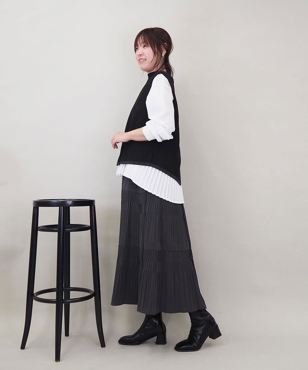 ZMFEE05150 al'aise modulation(アレーズモジュレーション) 【セットアイテム/洗える】ストライププリーツブラウス×ニットベスト ブラック