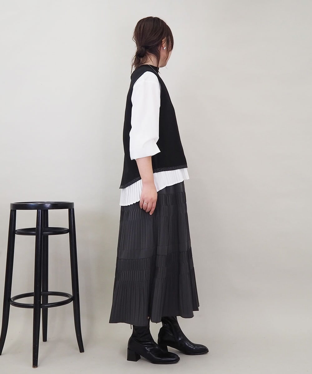 ZMFEE05150 al'aise modulation(アレーズモジュレーション) 【セットアイテム/洗える】ストライププリーツブラウス×ニットベスト ブラック