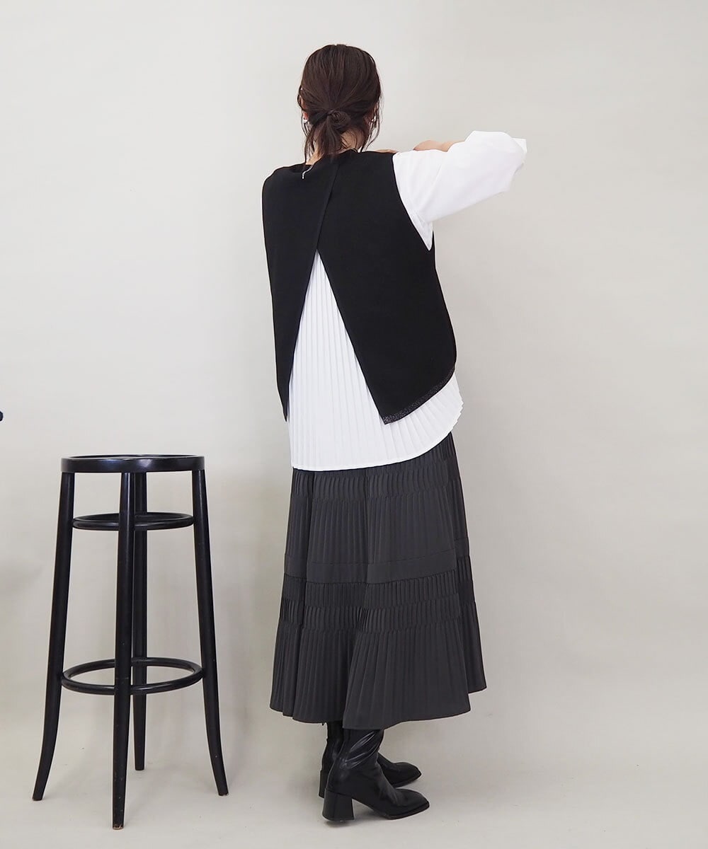 ZMFEE05150 al'aise modulation(アレーズモジュレーション) 【セットアイテム/洗える】ストライププリーツブラウス×ニットベスト ブラック