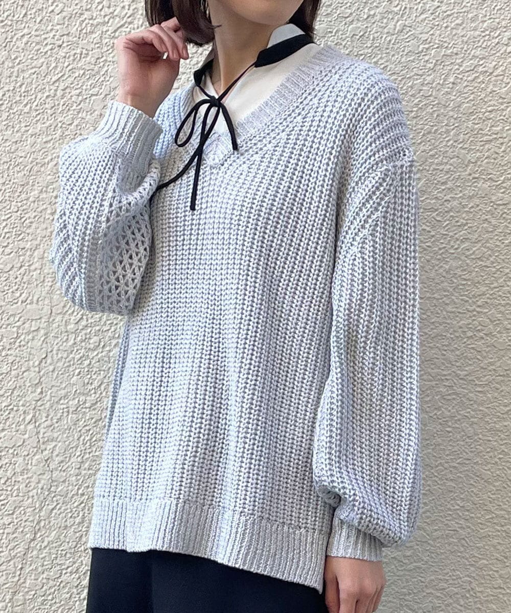 ZMFEW07150 al'aise modulation(アレーズモジュレーション) Vネックラメニットプルオーバー ライトグレー