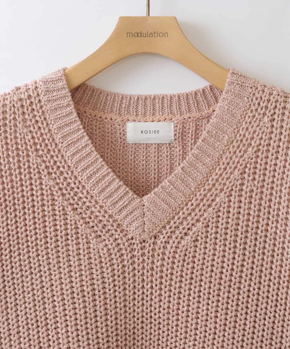 ZMFEW07150 al'aise modulation(アレーズモジュレーション) Vネックラメニットプルオーバー ピンク