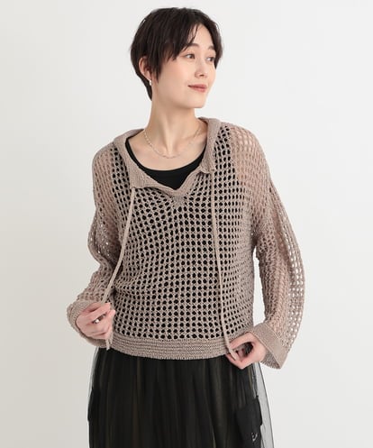 ZMFGB11169  【洗える/日本製】スキッパーネックメッシュニットプルオーバー
