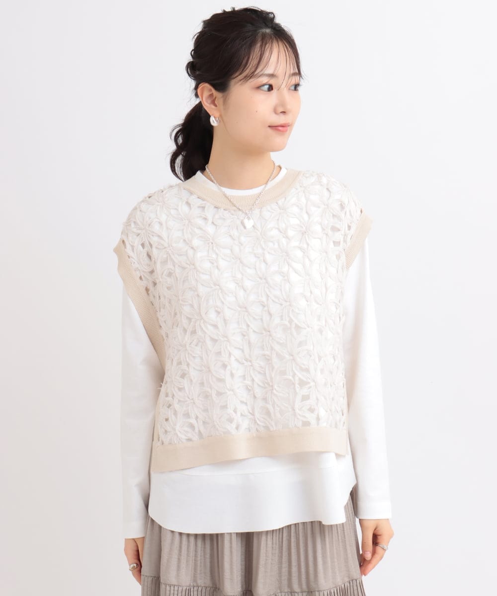 ZMFGB18098 al'aise modulation(アレーズモジュレーション) 【洗える】コード刺繍ニットベスト ベージュ