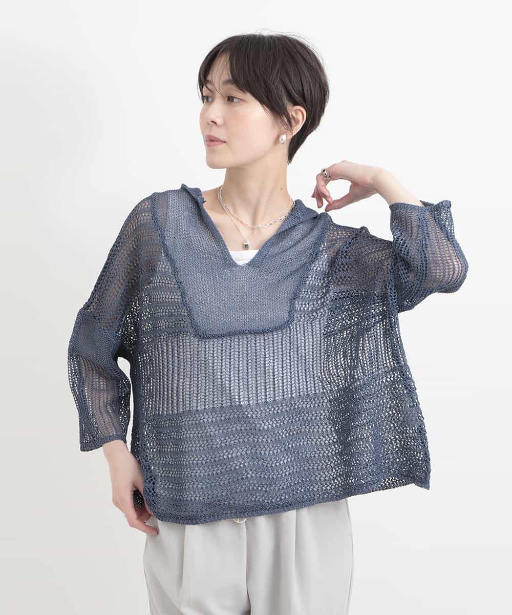ZMFGB20139 al'aise modulation(アレーズモジュレーション) 【洗える】透かし編みフーディーニットプルオーバー ライトブルー