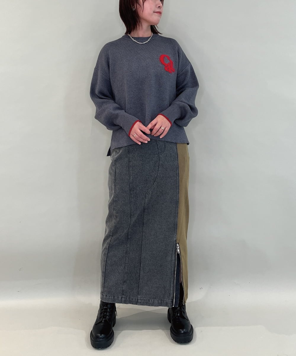 ZMHAE27168 al'aise modulation(アレーズモジュレーション) 異素材ドッキングデニムスカート カーキ