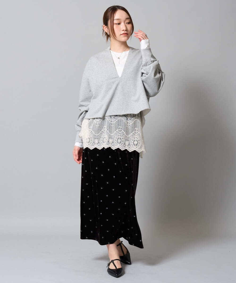ZMHAH11090 al'aise modulation(アレーズモジュレーション) 【洗える】ベロア刺繍ナロースカート ブラック