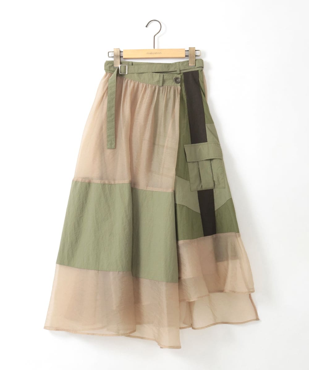 ZMHGE20170 al'aise modulation(アレーズモジュレーション) ドッキングパッチワークスカート カーキ