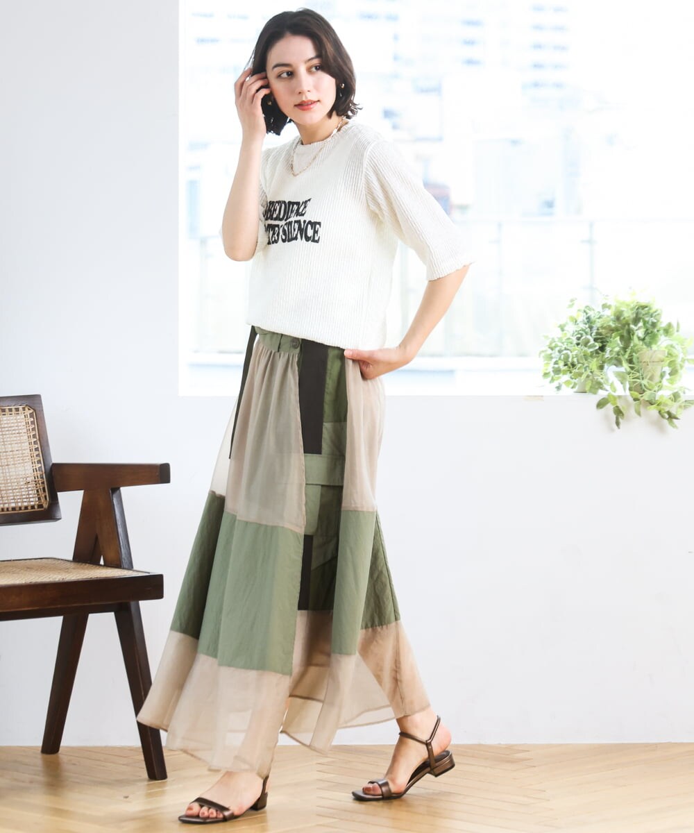 ZMHGE20170 al'aise modulation(アレーズモジュレーション) ドッキングパッチワークスカート カーキ