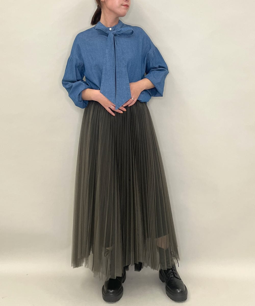 ZMHJB09118 al'aise modulation(アレーズモジュレーション) 配色チュールレイヤードスカート カーキ×ブラック