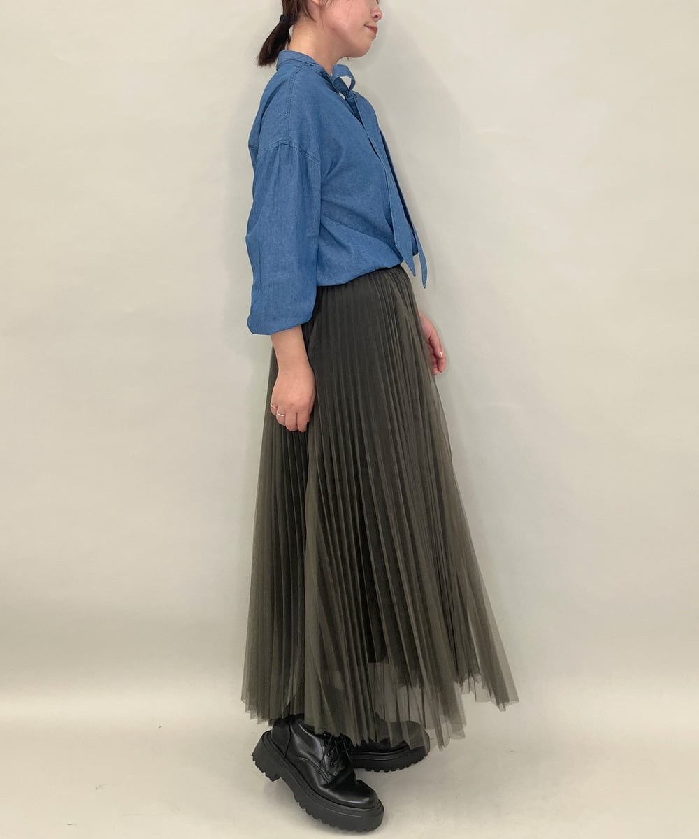 ZMHJB09118 al'aise modulation(アレーズモジュレーション) 配色チュールレイヤードスカート カーキ×ブラック