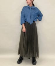 ZMHJB09118 al'aise modulation(アレーズモジュレーション) 配色チュールレイヤードスカート カーキ×ブラック