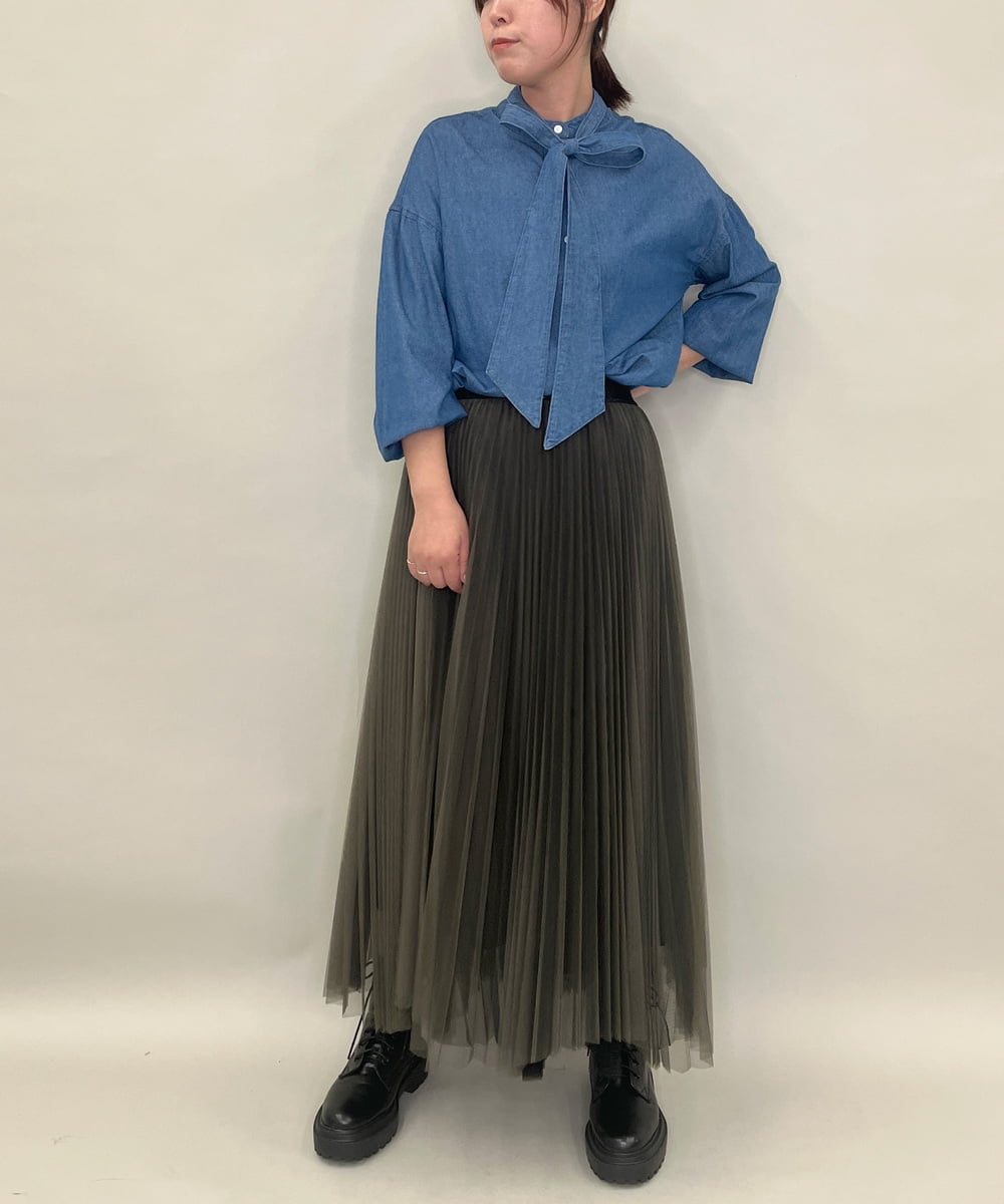 ZMHJB09118 al'aise modulation(アレーズモジュレーション) 配色チュールレイヤードスカート カーキ×ブラック