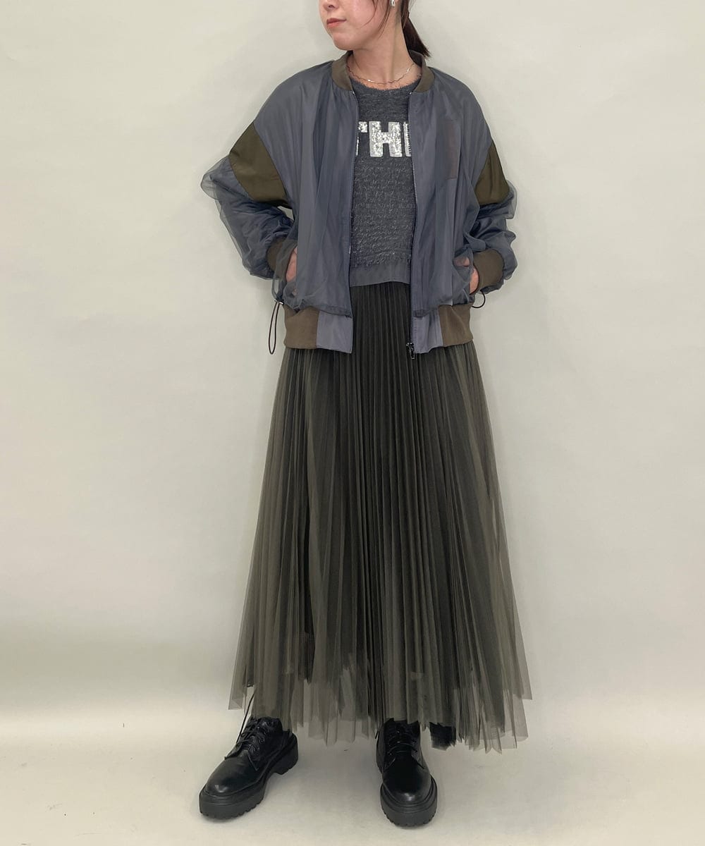 ZMHJB09118 al'aise modulation(アレーズモジュレーション) 配色チュールレイヤードスカート カーキ×ブラック