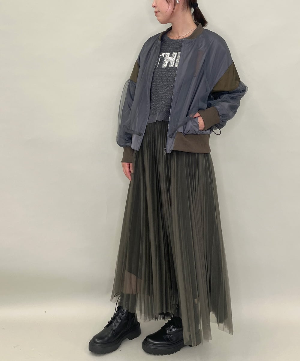 ZMHJB09118 al'aise modulation(アレーズモジュレーション) 配色チュールレイヤードスカート カーキ×ブラック