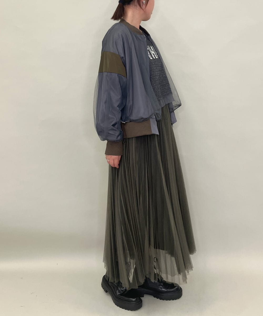 ZMHJB09118 al'aise modulation(アレーズモジュレーション) 配色チュールレイヤードスカート カーキ×ブラック