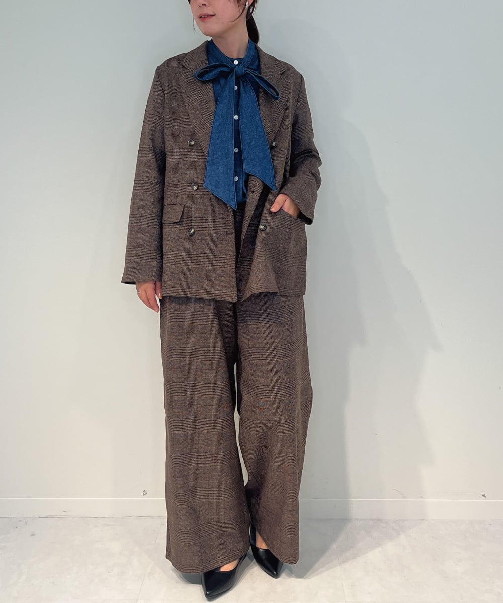 ZMJAE35158 al'aise modulation(アレーズモジュレーション) 【セットアップ対応】【洗える】ダブルブレストチェック柄ジャケット ブラウン