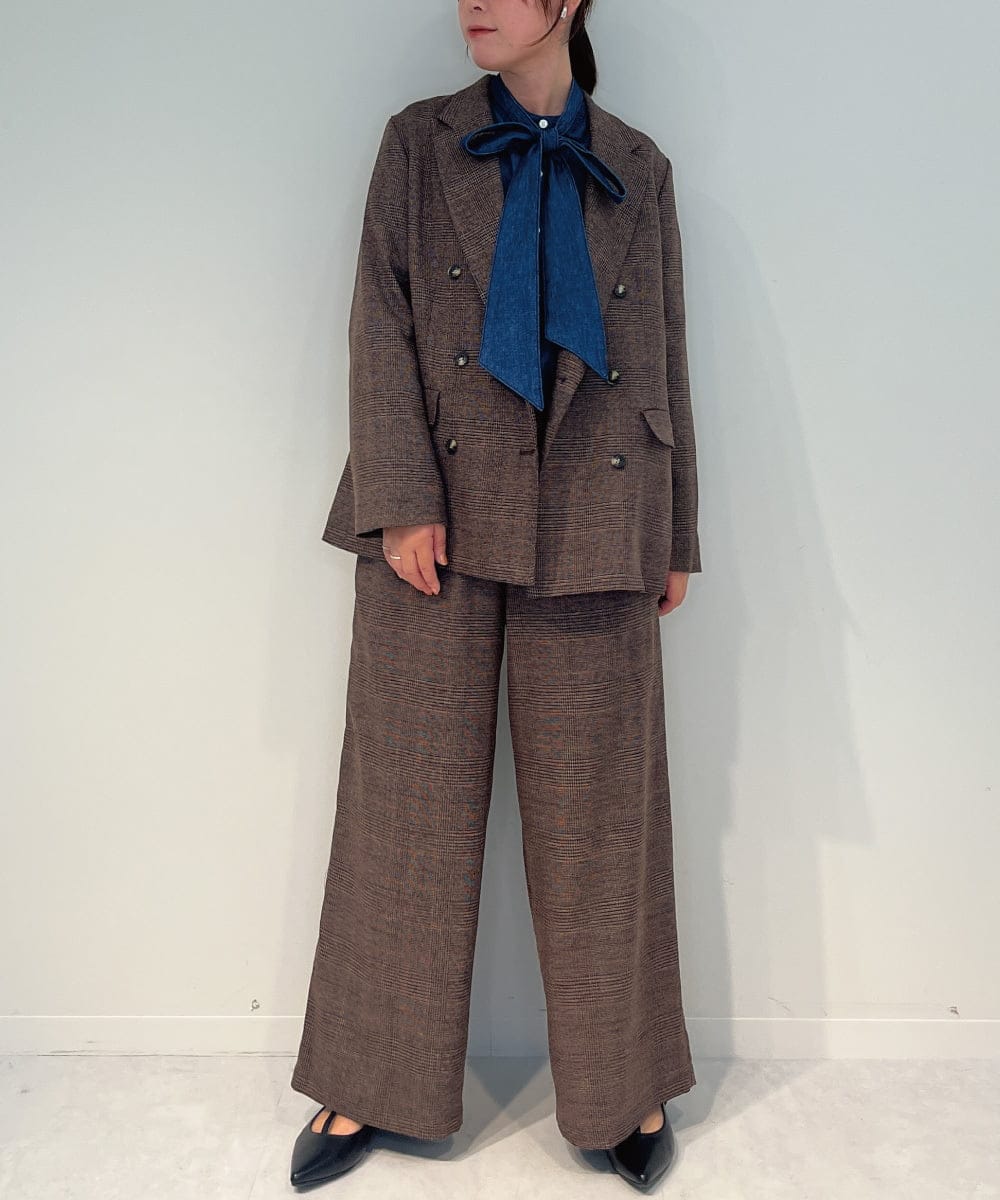 ZMJAE35158 al'aise modulation(アレーズモジュレーション) 【セットアップ対応】【洗える】ダブルブレストチェック柄ジャケット ブラウン