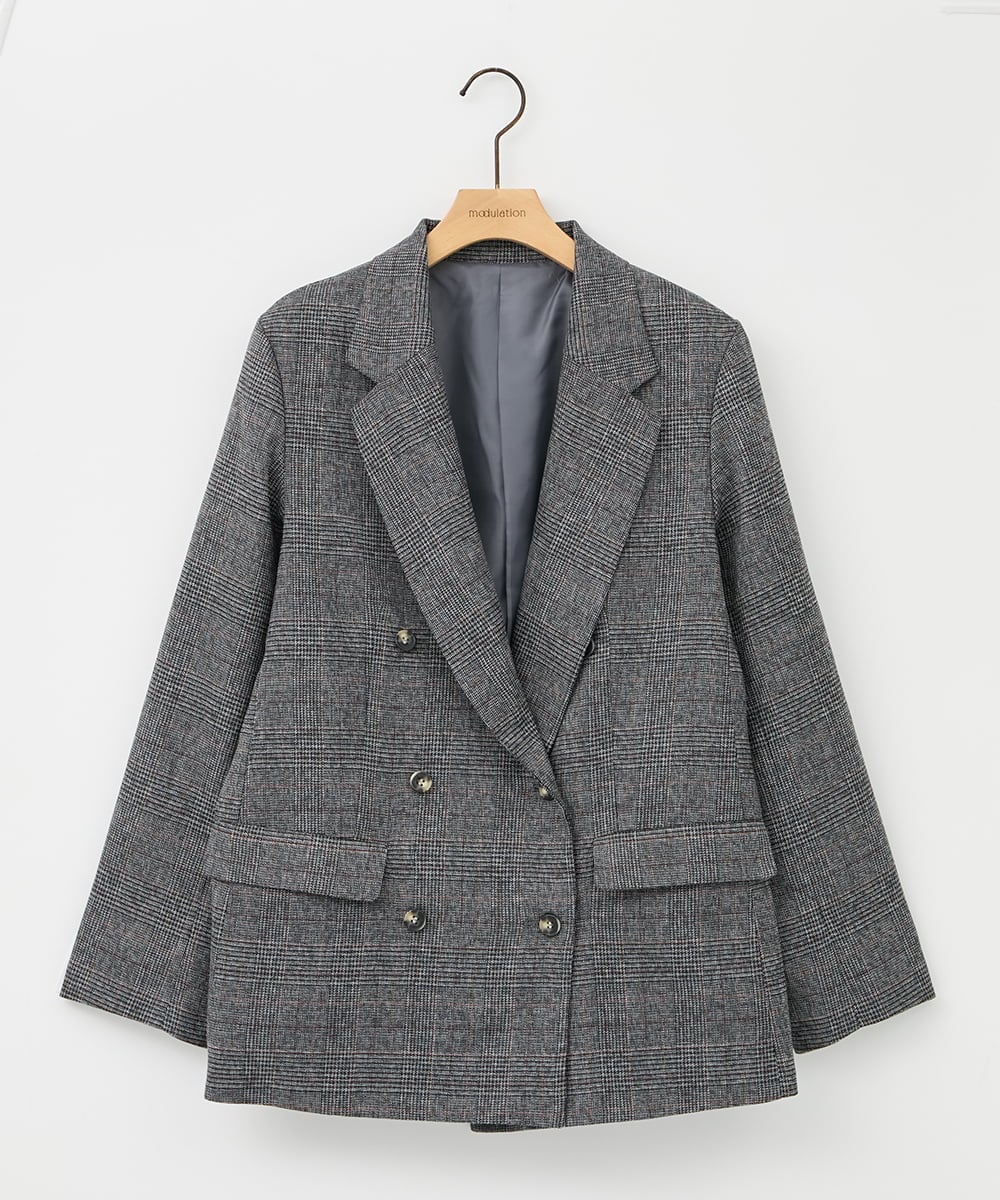 ZMJAE35158 al'aise modulation(アレーズモジュレーション) 【セットアップ対応】【洗える】ダブルブレストチェック柄ジャケット ダークグレー