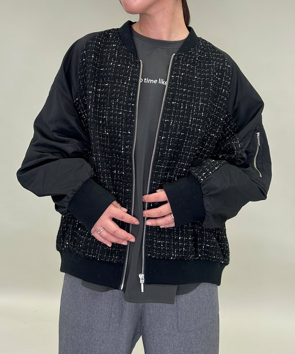 ZMJAE43160 al'aise modulation(アレーズモジュレーション) ツイードMA-1ドッキングブルゾン ブラック