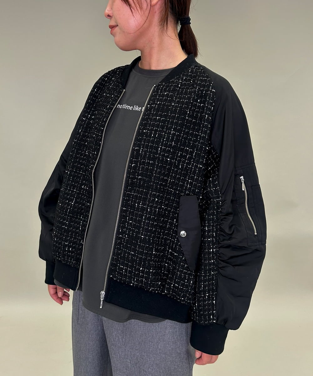 ZMJAE43160 al'aise modulation(アレーズモジュレーション) ツイードMA-1ドッキングブルゾン ブラック