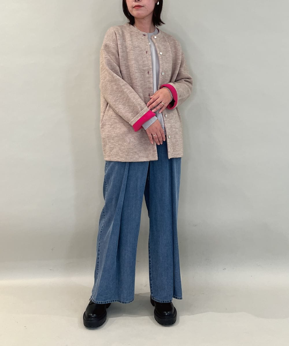 ZMJAE52140 al'aise modulation(アレーズモジュレーション) 【洗える】配色アクセントデザインニットコーディガン ベージュ