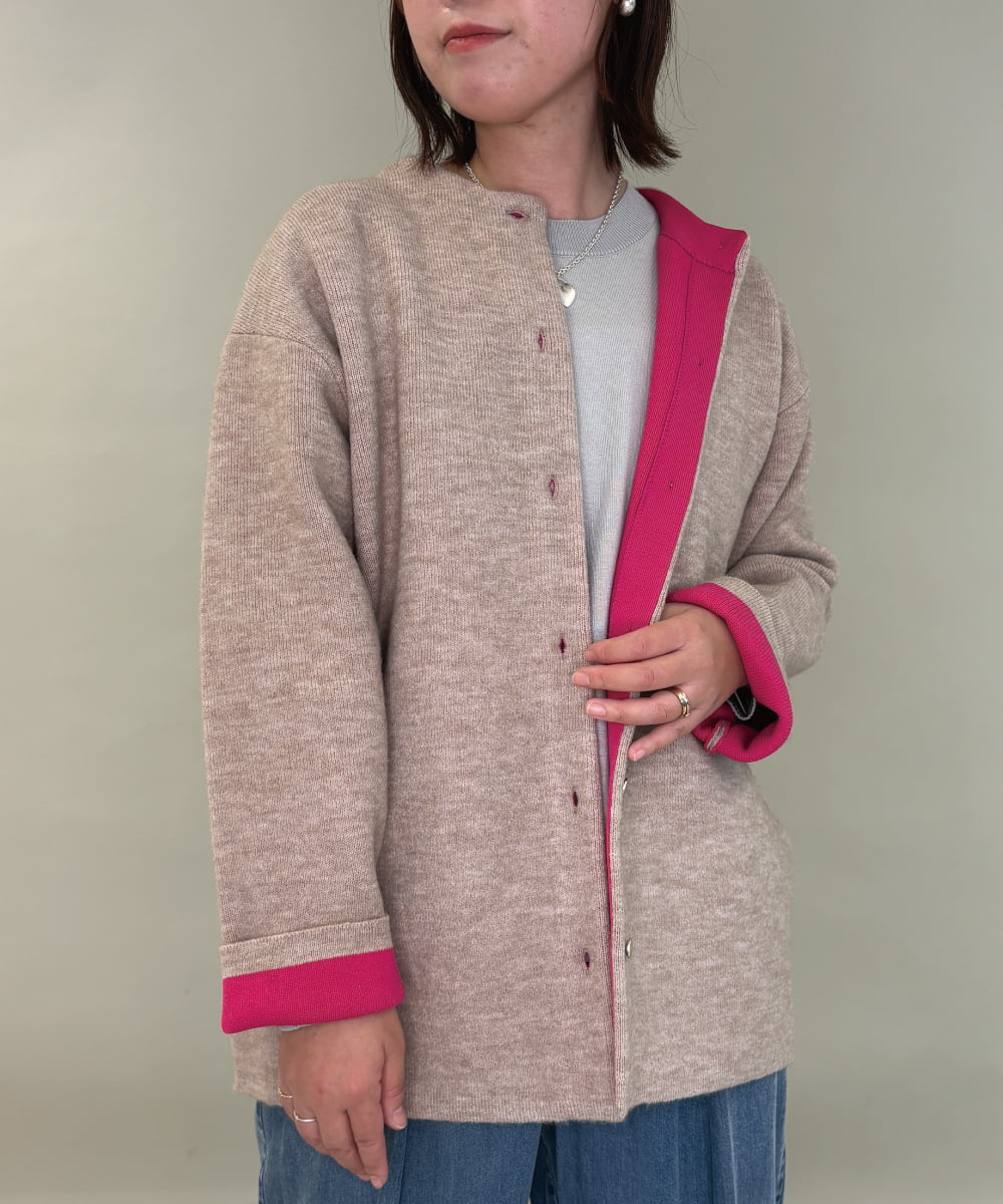 ZMJAE52140 al'aise modulation(アレーズモジュレーション) 【洗える】配色アクセントデザインニットコーディガン ベージュ