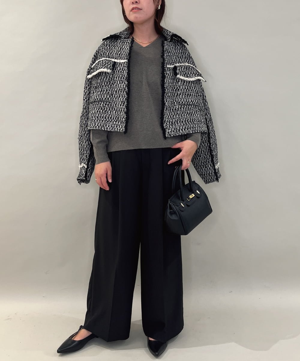 ZMJAE54290 al'aise modulation(アレーズモジュレーション) フリンジツイードショートジャケット ブラック