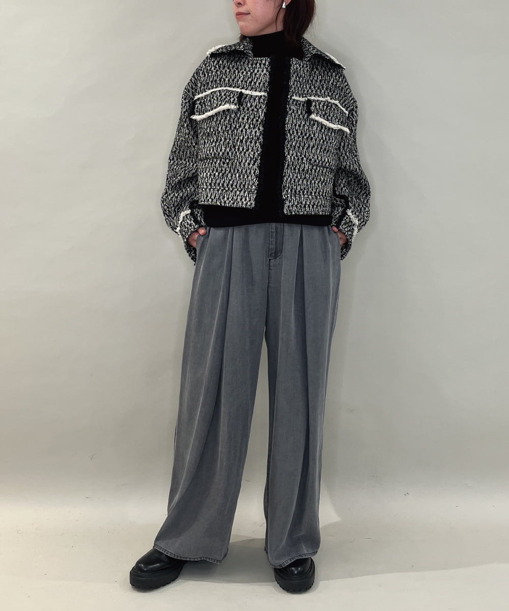 ZMJAE54290 al'aise modulation(アレーズモジュレーション) フリンジツイードショートジャケット ブラック