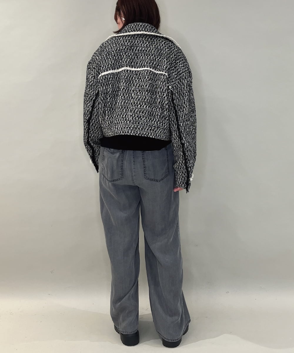 ZMJAE54290 al'aise modulation(アレーズモジュレーション) フリンジツイードショートジャケット ブラック