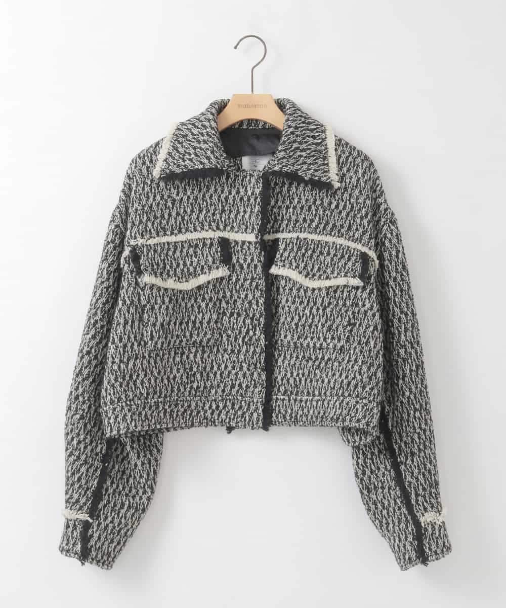 ZMJAE54290 al'aise modulation(アレーズモジュレーション) フリンジツイードショートジャケット ブラック