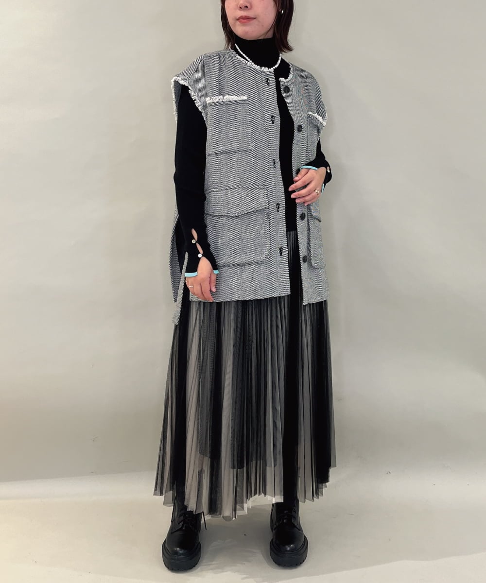 ZMJAE62180 al'aise modulation(アレーズモジュレーション) バイヤス柄フリンジデザインベスト グレー