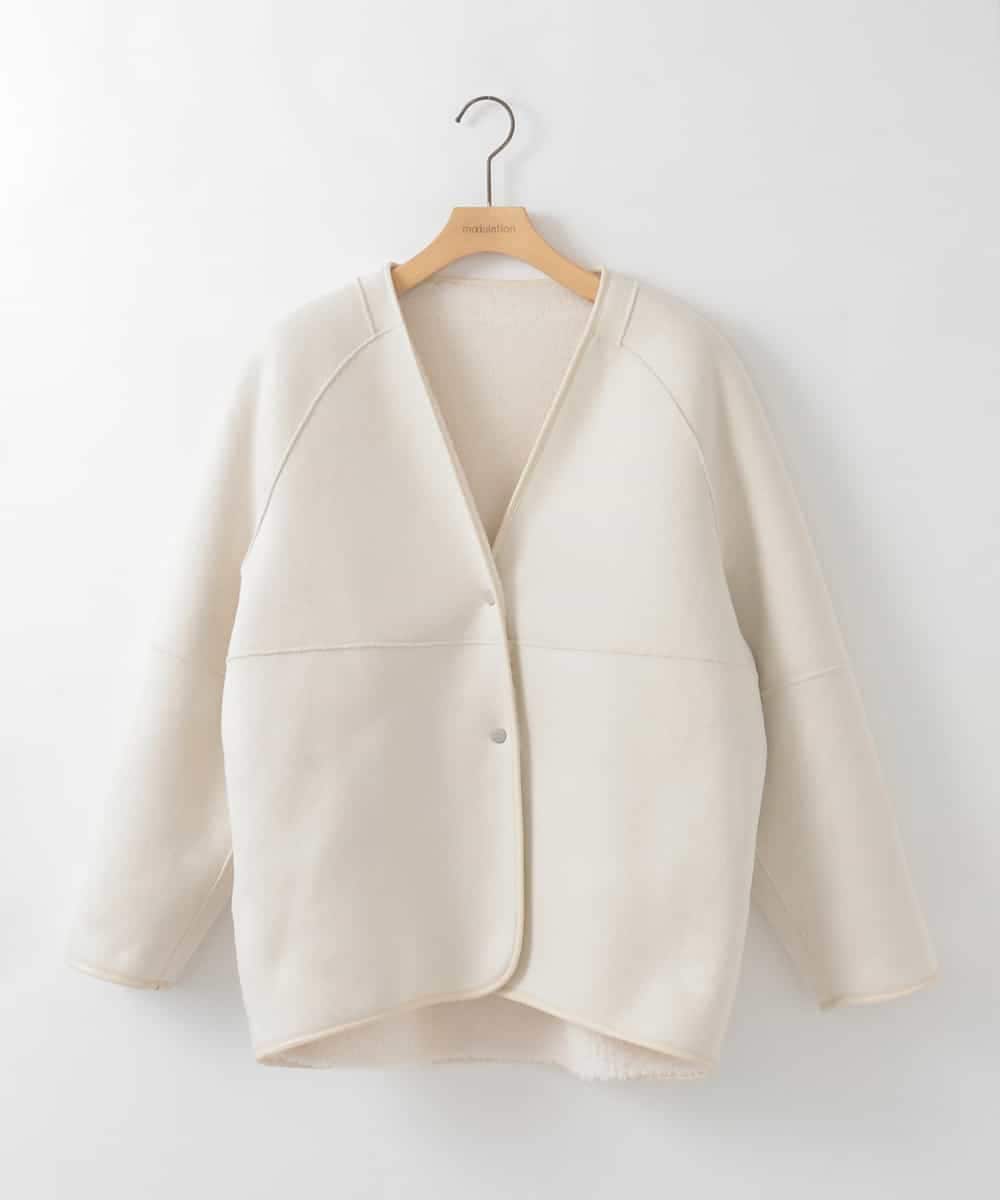 ZMJAE67200 al'aise modulation(アレーズモジュレーション) 【2WAY】リバーシブルノーカラーショートコート ホワイト