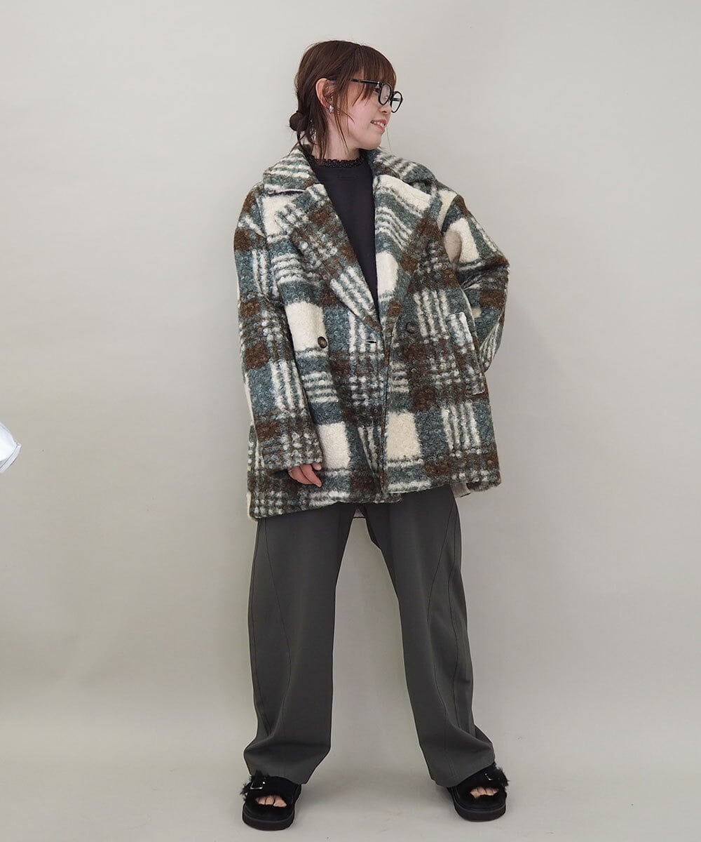 ZMJCE67150 al'aise modulation(アレーズモジュレーション) オーバーチェックプードルファーコート グリーン