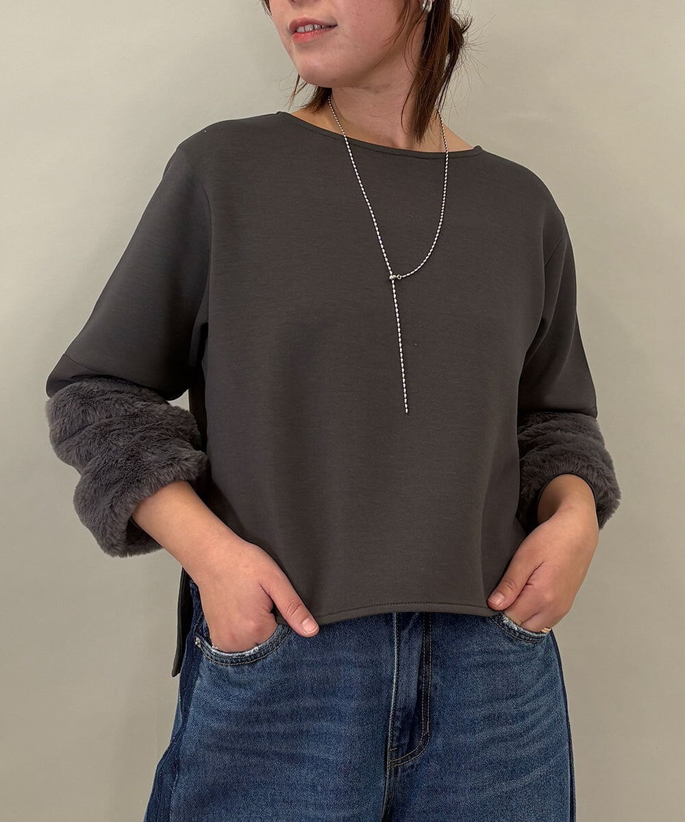 ZMKCE08140 al'aise modulation(アレーズモジュレーション) 【洗える/日本製】ジョイントファー切り替えデザインプルオーバー ダークグレー