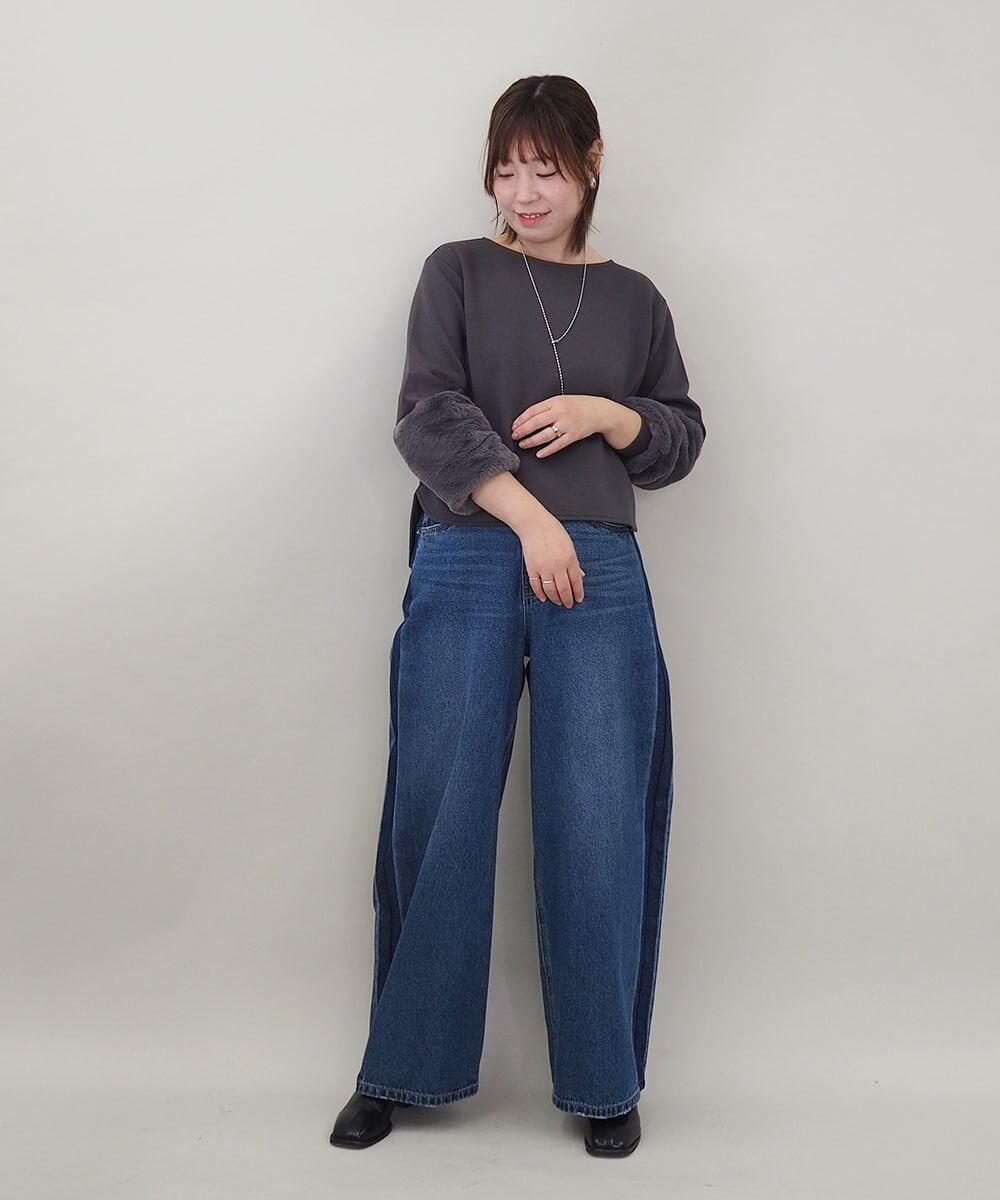 ZMKCE08140 al'aise modulation(アレーズモジュレーション) 【洗える/日本製】ジョイントファー切り替えデザインプルオーバー ダークグレー