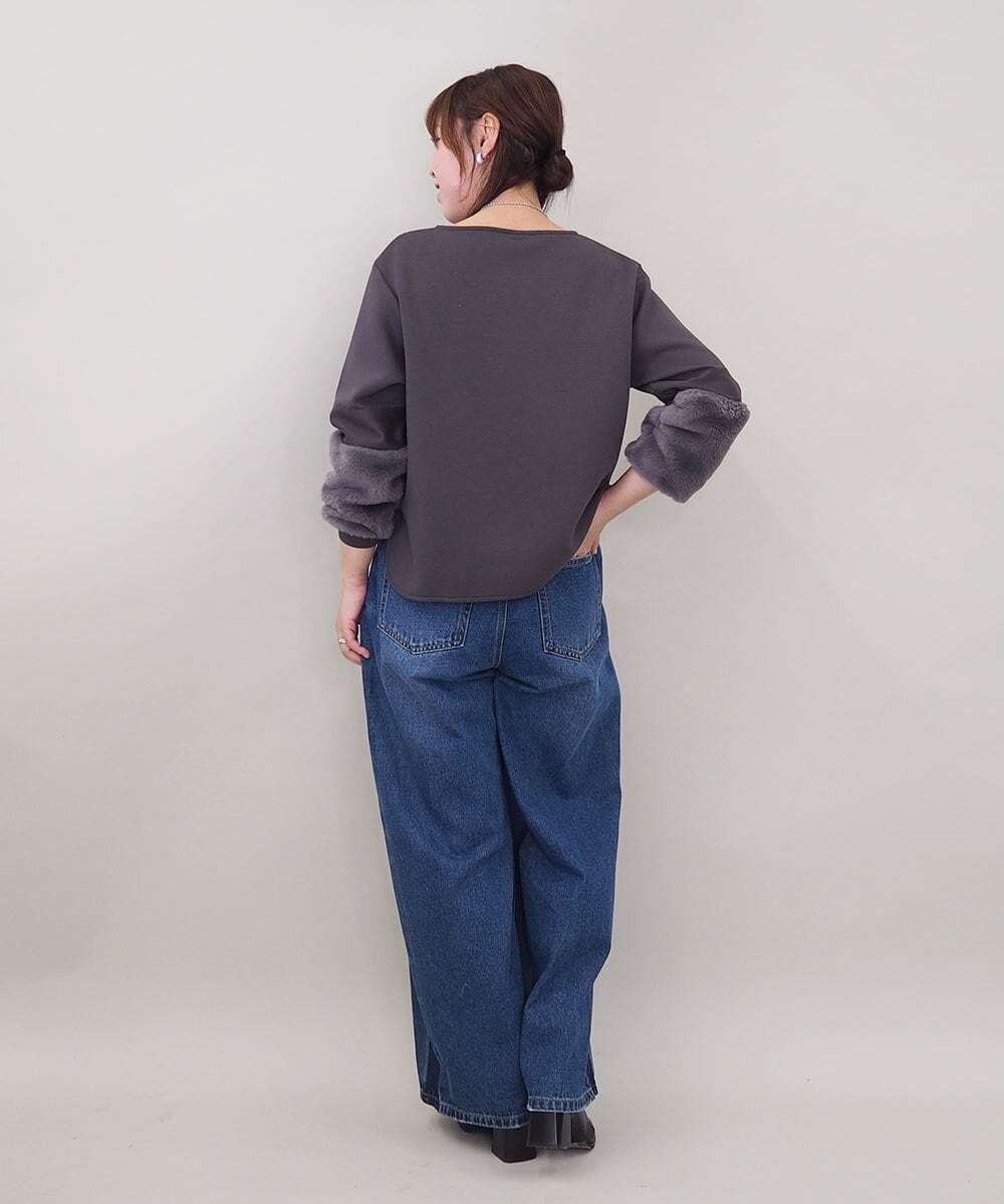 ZMKCE08140 al'aise modulation(アレーズモジュレーション) 【洗える/日本製】ジョイントファー切り替えデザインプルオーバー ダークグレー