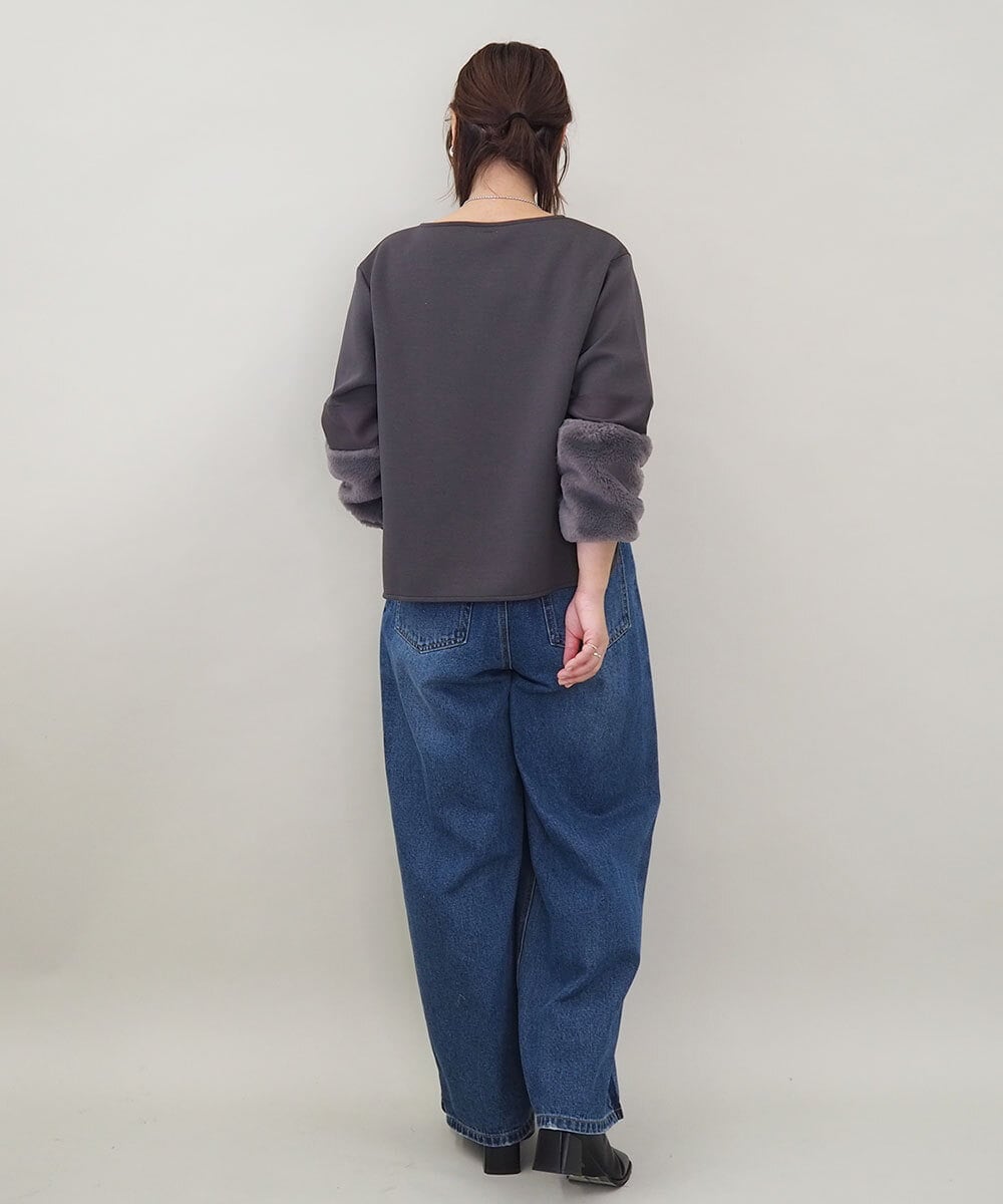 ZMKCE08140 al'aise modulation(アレーズモジュレーション) 【洗える/日本製】ジョイントファー切り替えデザインプルオーバー ダークグレー