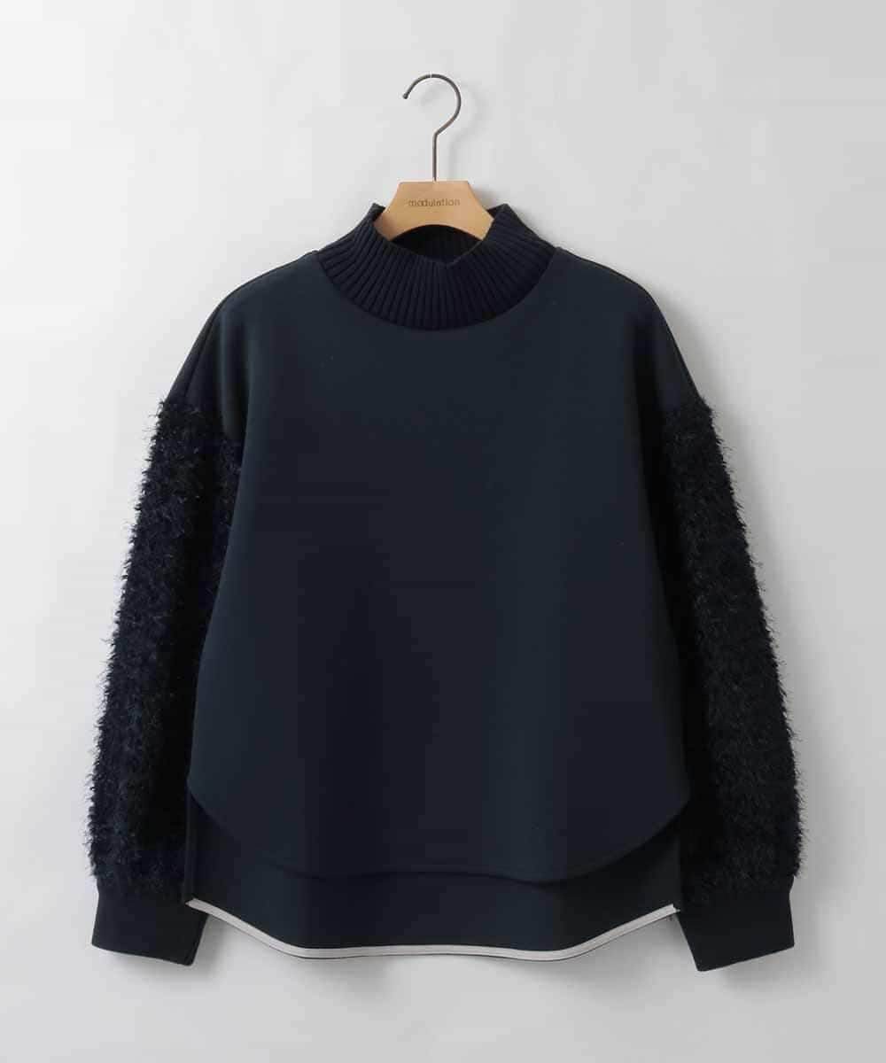 ZMKCE12140 al'aise modulation(アレーズモジュレーション) 【洗える/日本製】フェザースリーブ異素材ジョイントプルオーバー ネイビー