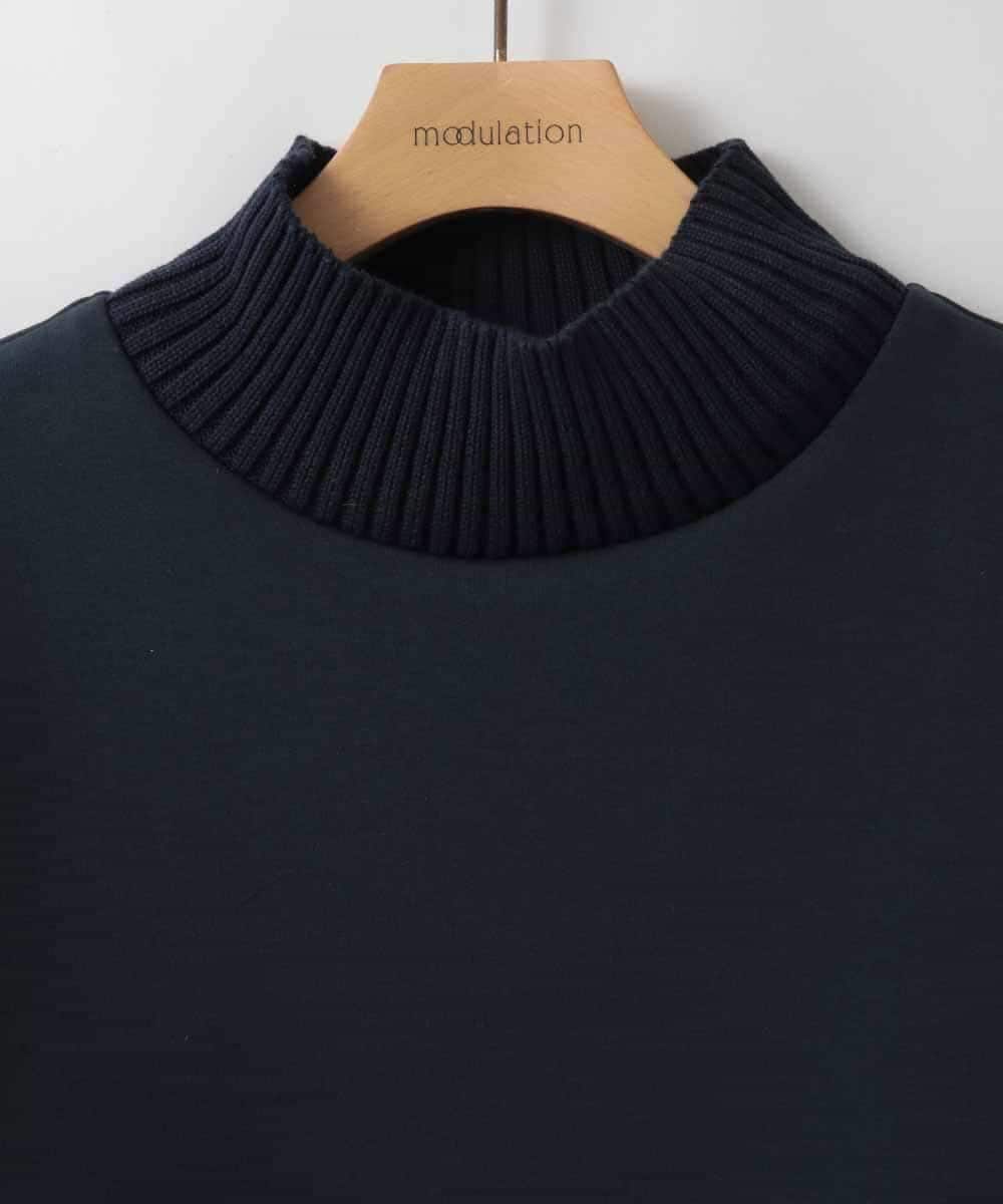 ZMKCE12140 al'aise modulation(アレーズモジュレーション) 【洗える/日本製】フェザースリーブ異素材ジョイントプルオーバー ネイビー