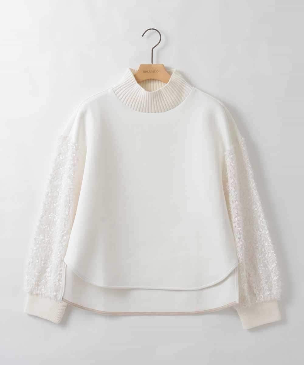 ZMKCE12140 al'aise modulation(アレーズモジュレーション) 【洗える/日本製】フェザースリーブ異素材ジョイントプルオーバー ホワイト