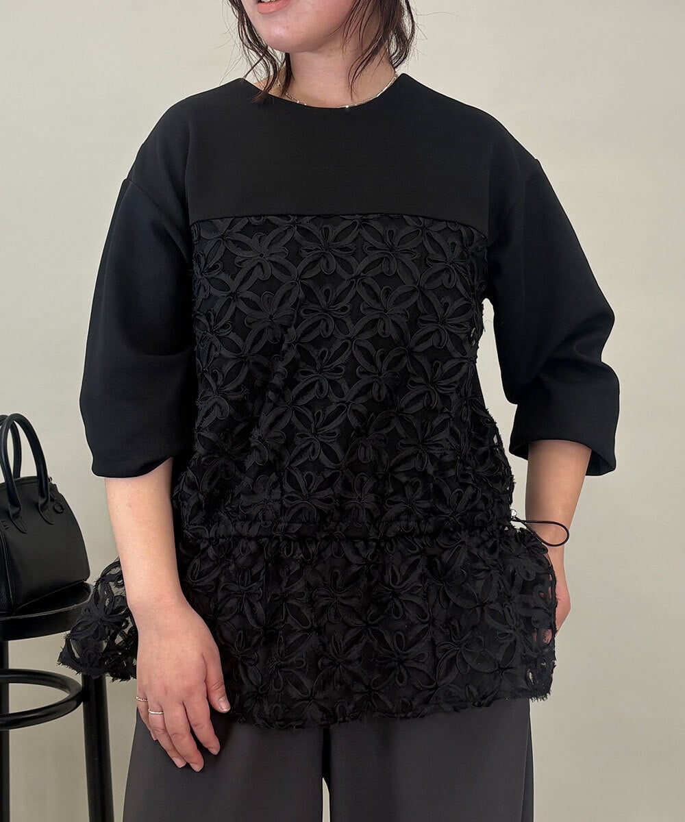 ZMKEE01108 al'aise modulation(アレーズモジュレーション) 【2WAY】フラワーチュールレースドロストプルオーバー ブラック