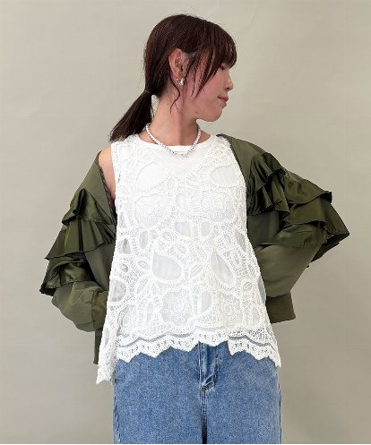 ZMKEE12098 al'aise modulation 【2WAY】シアーレース刺繍トップス