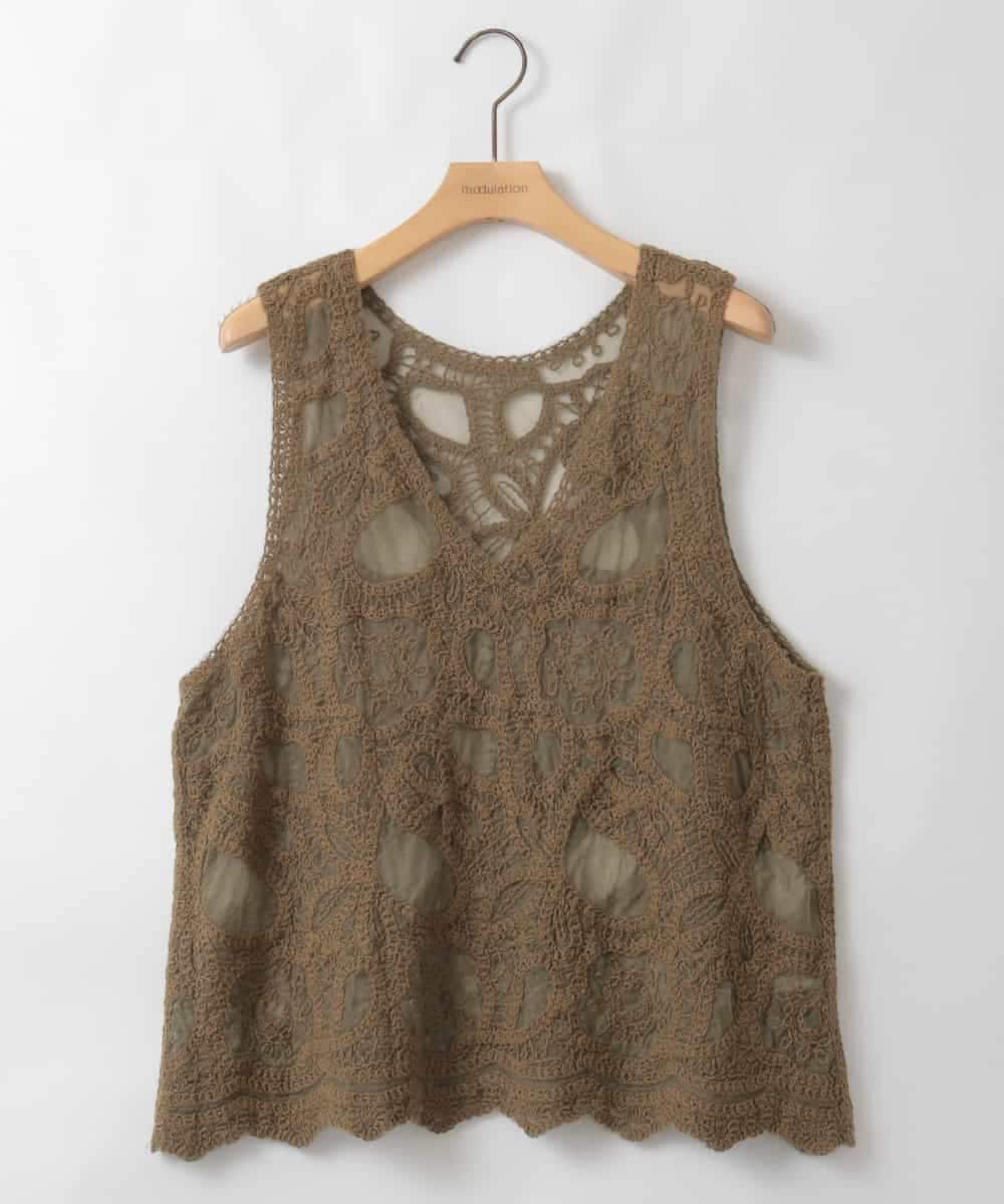 ZMKEE12098 al'aise modulation(アレーズモジュレーション) 【2WAY】シアーレース刺繍トップス カーキ