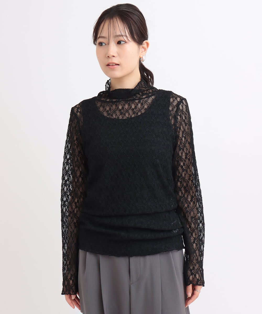 ZMKGB48080 al'aise modulation(アレーズモジュレーション) レース刺繍ハイネックプルオーバー ブラック