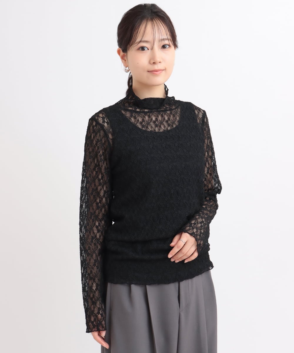 ZMKGB48080 al'aise modulation(アレーズモジュレーション) レース刺繍ハイネックプルオーバー ブラック