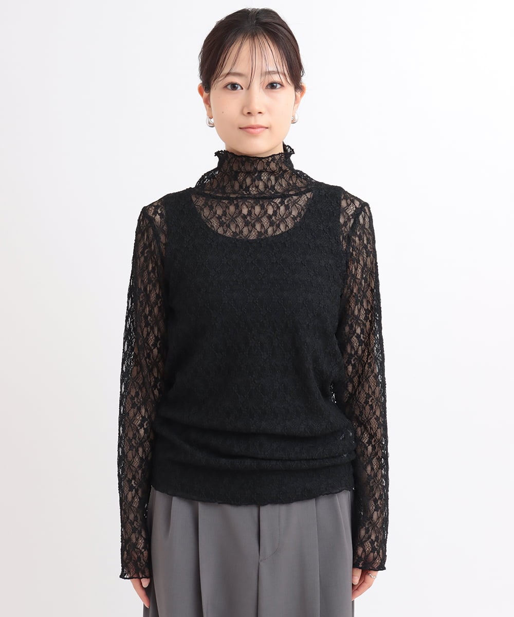 ZMKGB48080 al'aise modulation(アレーズモジュレーション) レース刺繍ハイネックプルオーバー ブラック