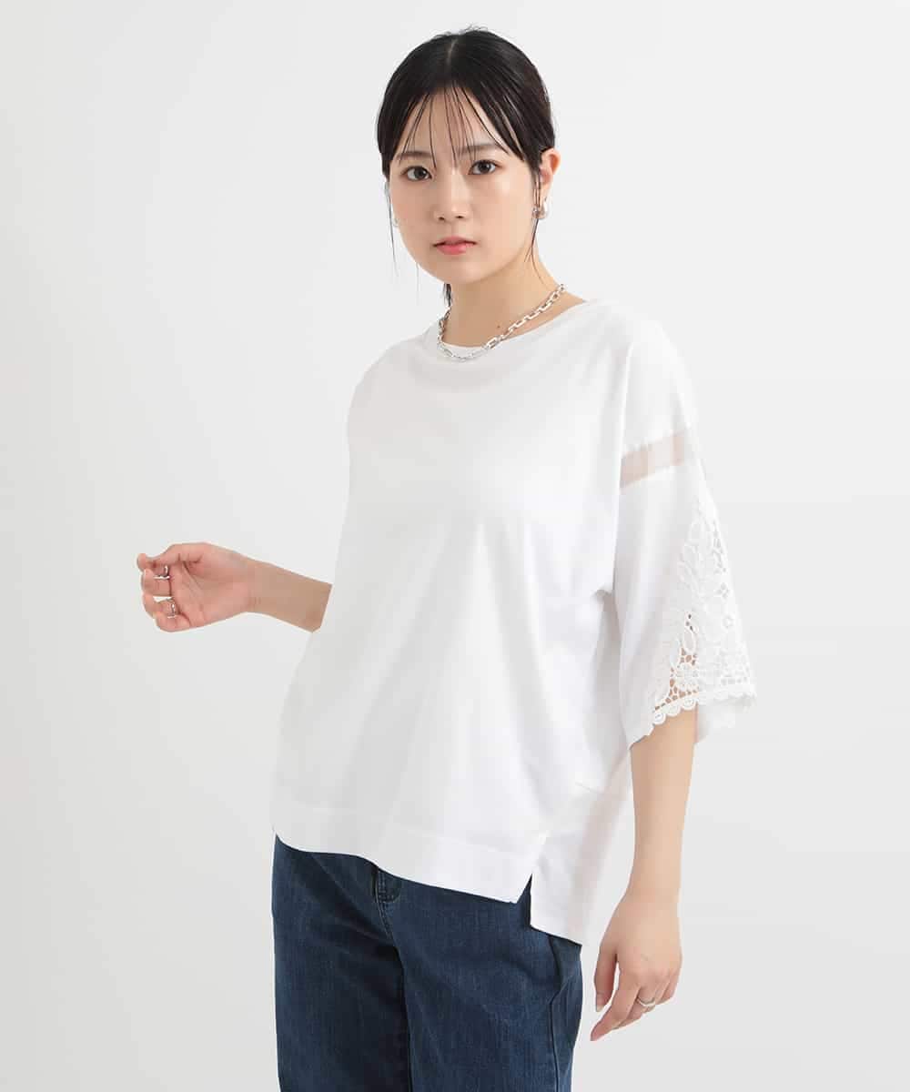 ZMKGB62098 al'aise modulation(アレーズモジュレーション) 刺繍アクセントデザインスリーブカットソー ホワイト