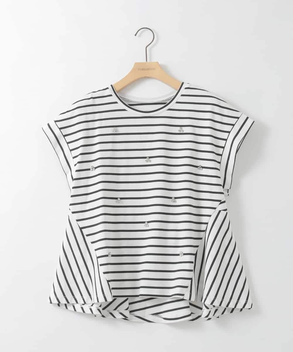 ZMKGE24099 al'aise modulation(アレーズモジュレーション) ビジューポイント切り替えフレアボーダーカットソー ホワイト